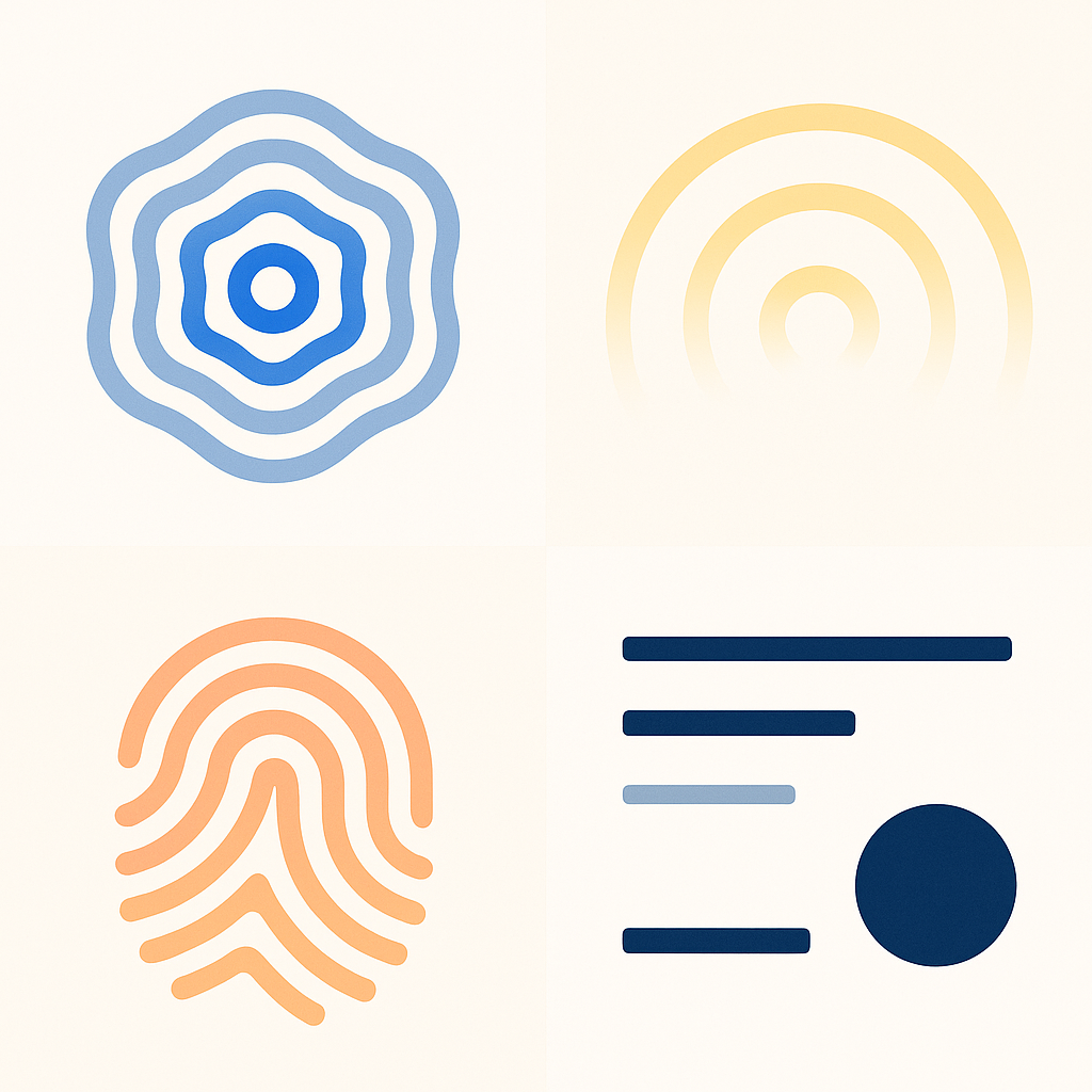A 2x2 grid on a light background featuring abstract icons that represent sound (waves), sight (rays), touch (a fingerprint pattern), and readability (lines and a circle). No text.